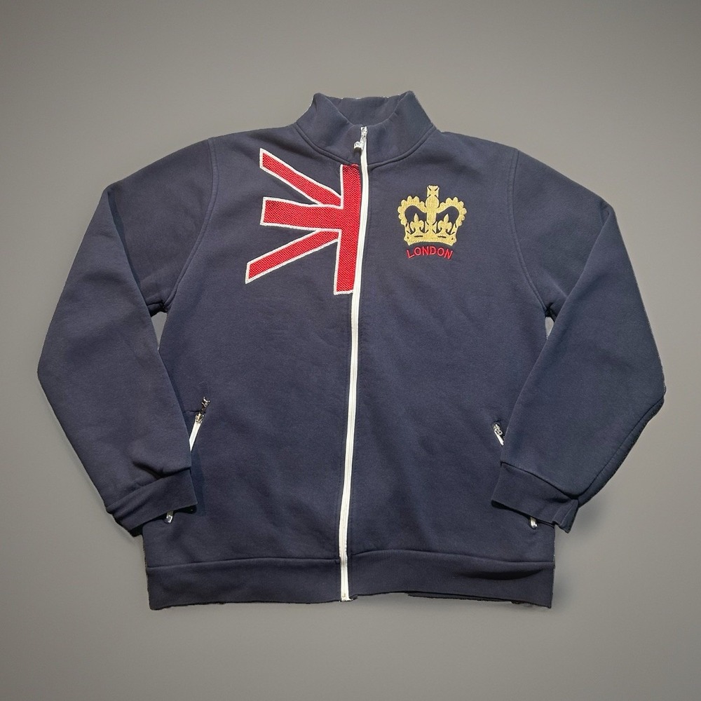 Vintage Nas London Track Jacket Mens 3XL Navy Blue Union Jack Gold Crown Zip Up